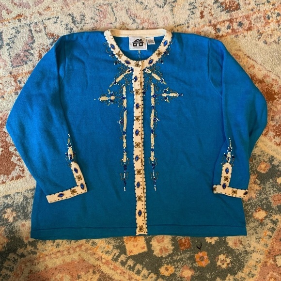 Storybook Knits Sweaters - Storybook Knits Ramie & Cotton Blue White Beaded Jeweled Button Down Cardigan 2X